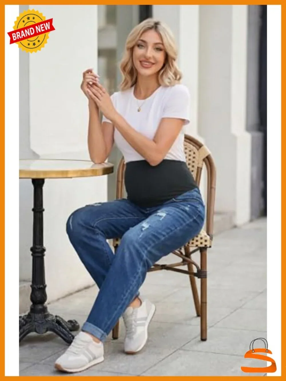 Over Belly Maternity Jeans Ripped Denim Adjustable Waistband